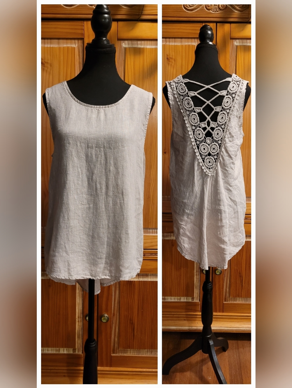 Bella Amore Made in Italy Beige Linen Crochet Back High Low Tank Top Size M
